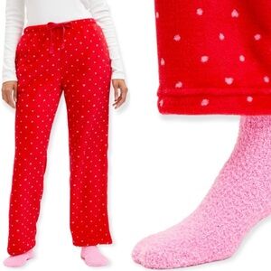 LAURA ASHLEY Fleece Pajama Bottoms Fuzzy Pink Sock Set Pink Hearts Dots PJ Pants